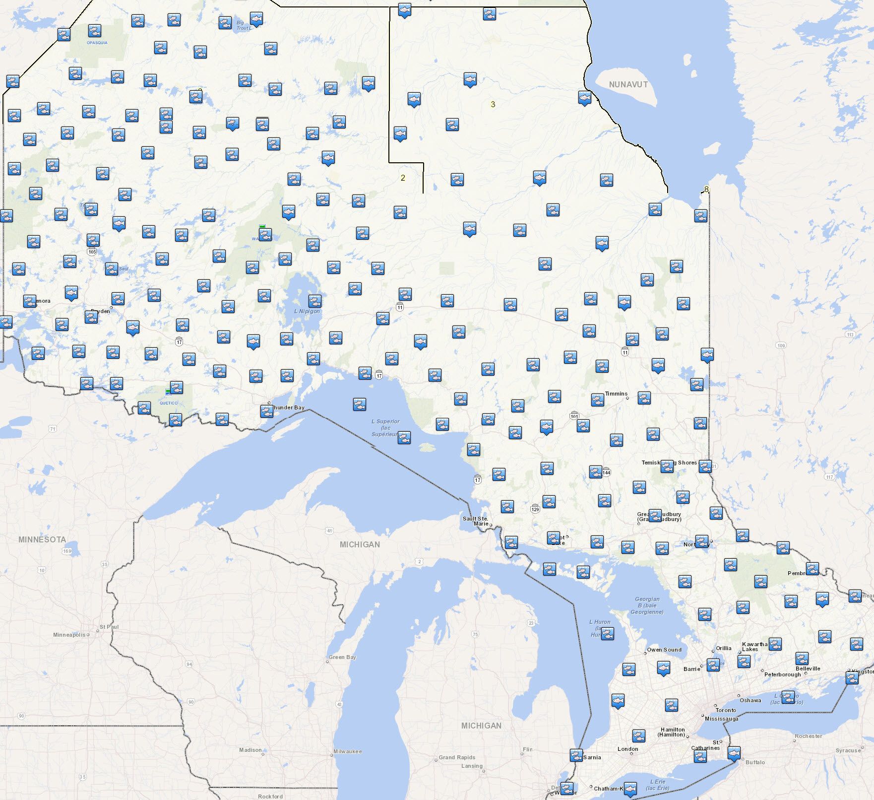 map showing stocked lakes fish ontario