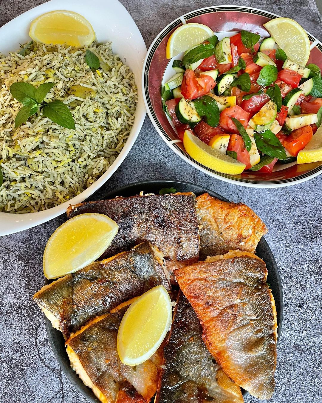 arctic char fried with persian dill rice and lemons