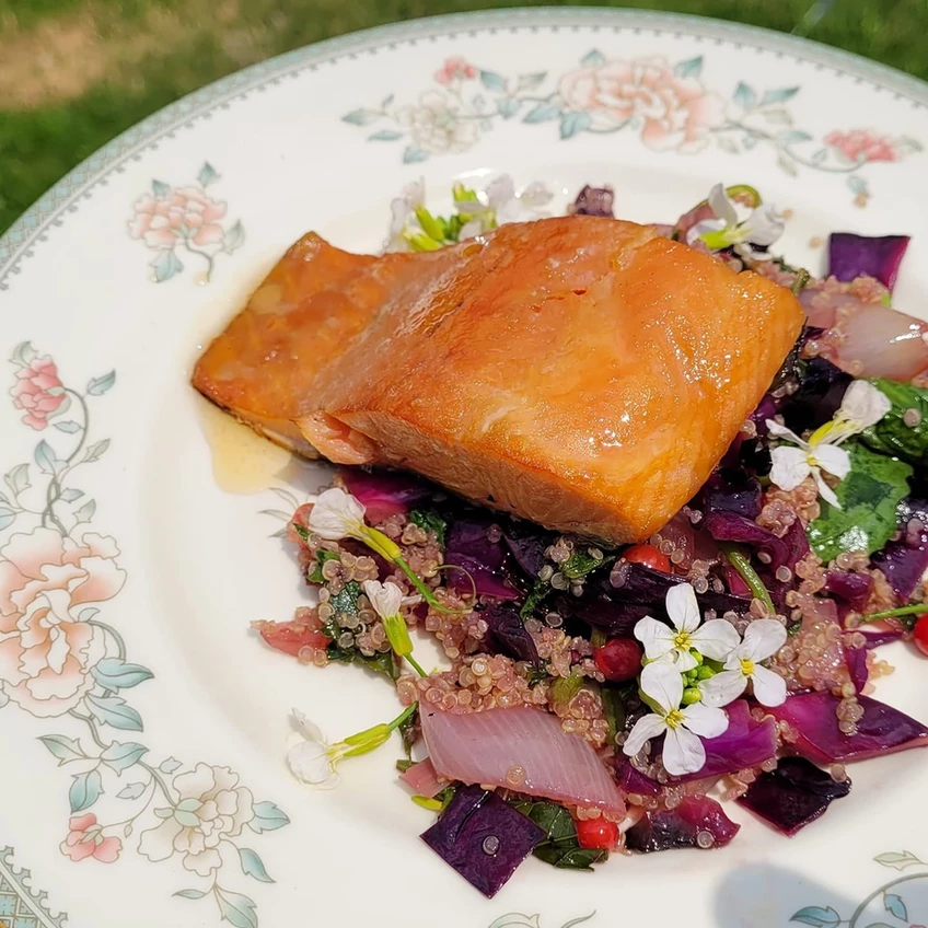 Hot Smoked Fish with Maple, Charred Cabbage & Quinoa recipe