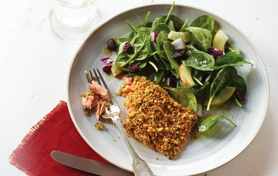 Walnut Crusted Trout or Char with Spinach Pear Salad