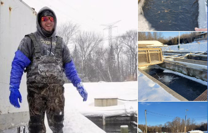 Fish farmer in winter with ice