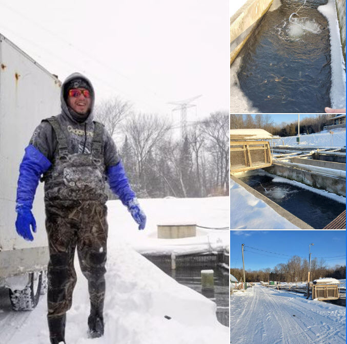 Fish farmer in winter with ice