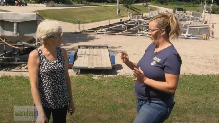 woman fish farmer touring fish farm