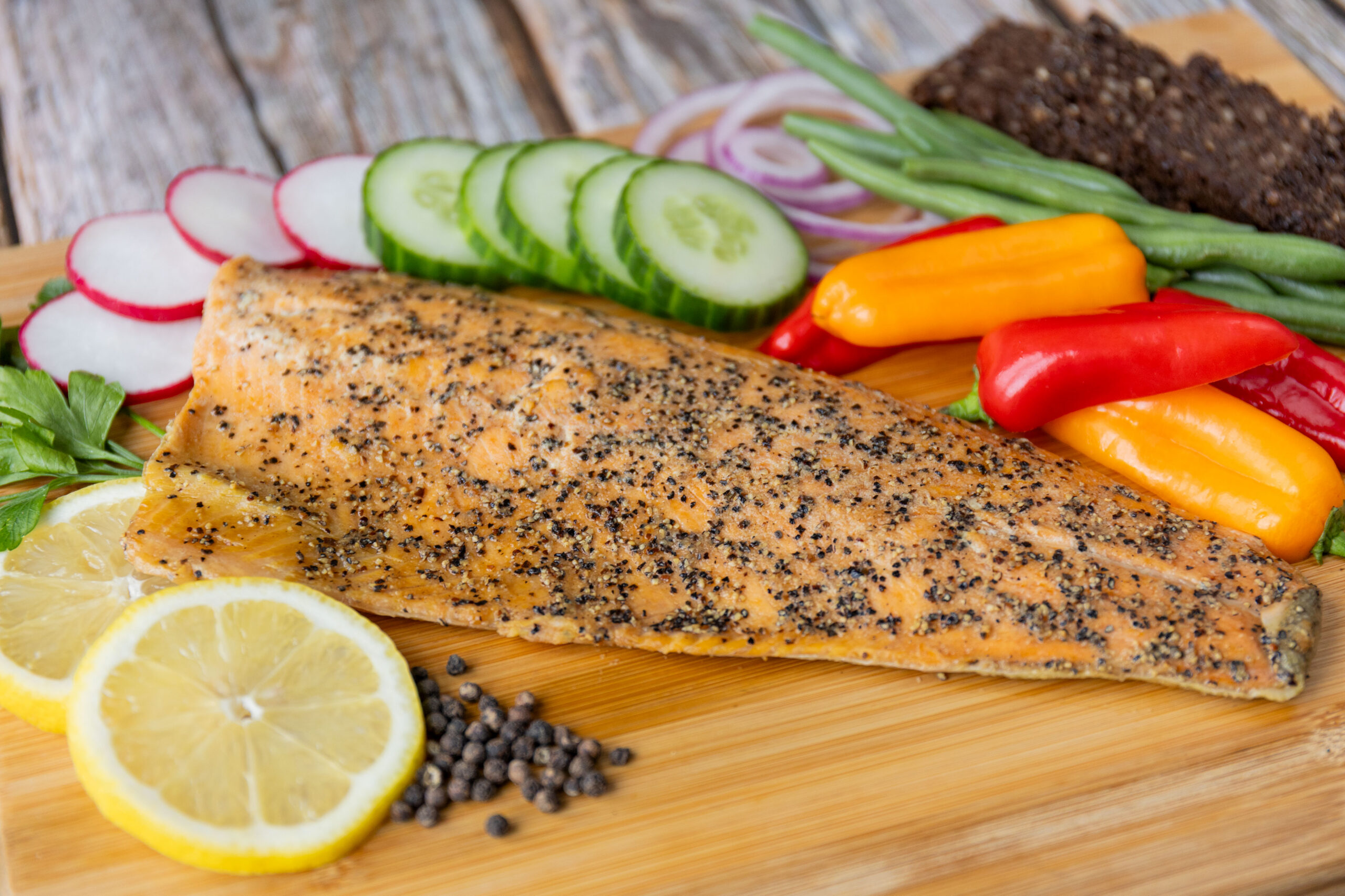 Lemon pepper hot smoked rainbow trout fillet