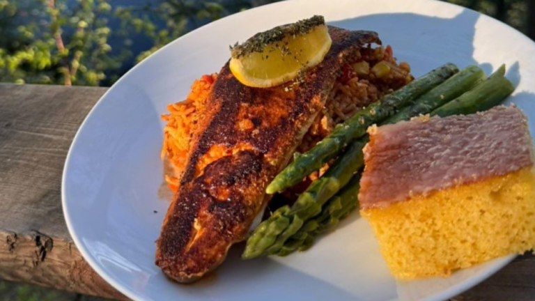 Blackened Arctic char fillets on plate
