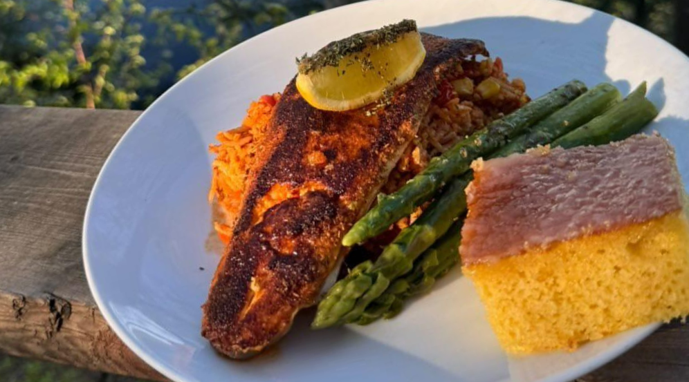 Blackened Arctic char fillets on plate